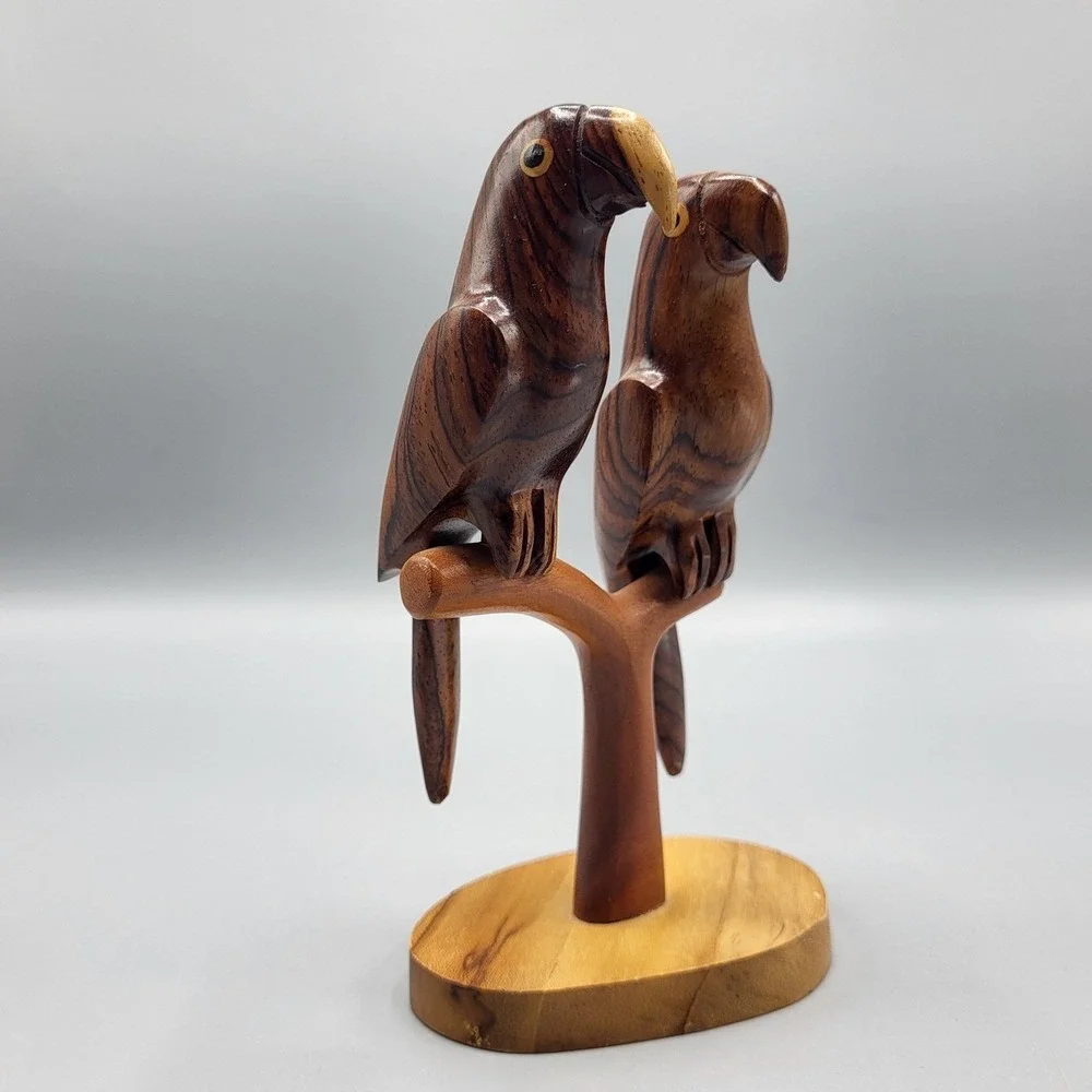 Hand Carved Wood Parrot Sculpture Figurine Pair on Branch Shelf Decor 6.25